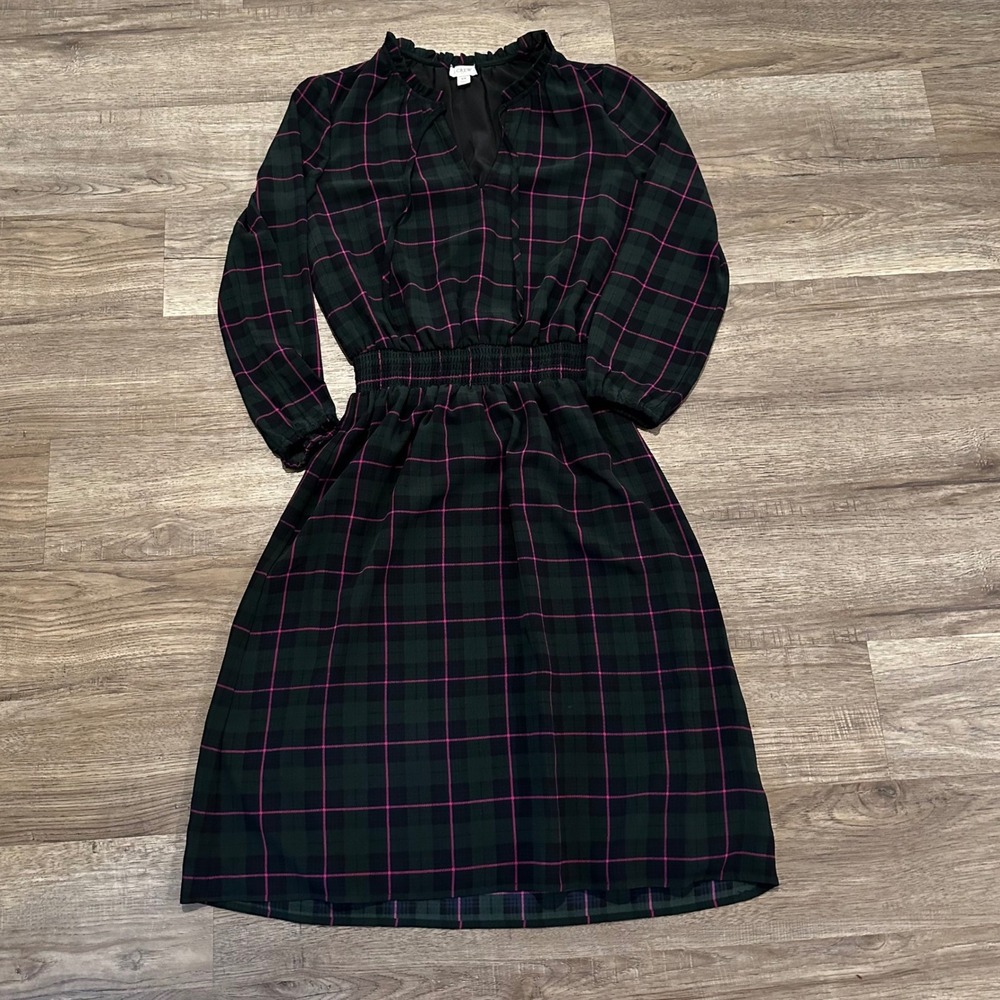 J.Crew Women Green Pink Blk Watch Plaid Smocked Waist Ruffle Midi Dress AG882 XS - Picture 12 of 12